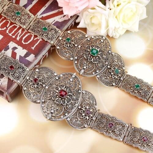 Sunspicems Retro Gold Color Caucasus Belt for Women Red Green Crystal Metal Waist Chain Morocco Wedding Jewelry Gift