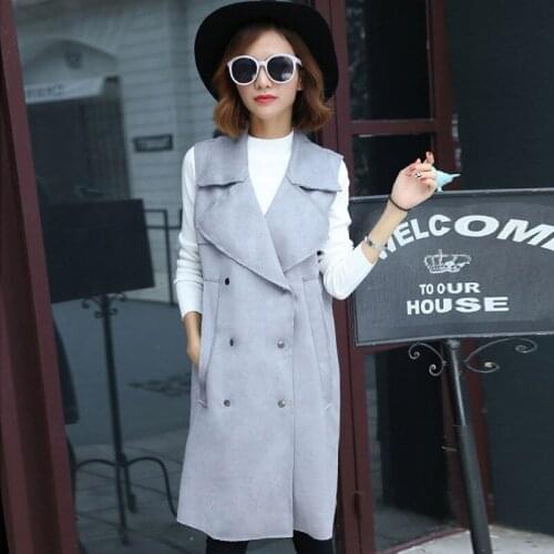 Korean Fashion New Medium Length Womens Suede Waistcoats Double Breasted Turn Down Collar Slim Straight Female Sleeveless Vests