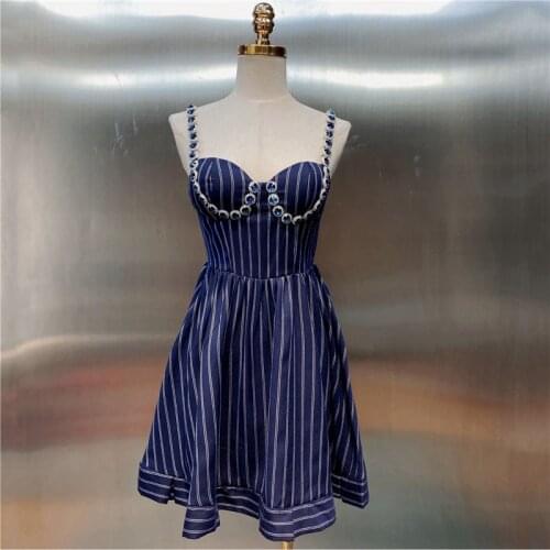 2021 Summer New Women French Elegant Party Dress Luxury Handmade Nail Diamond Striped Short Spaghetti Strap Dress With Chest Pad