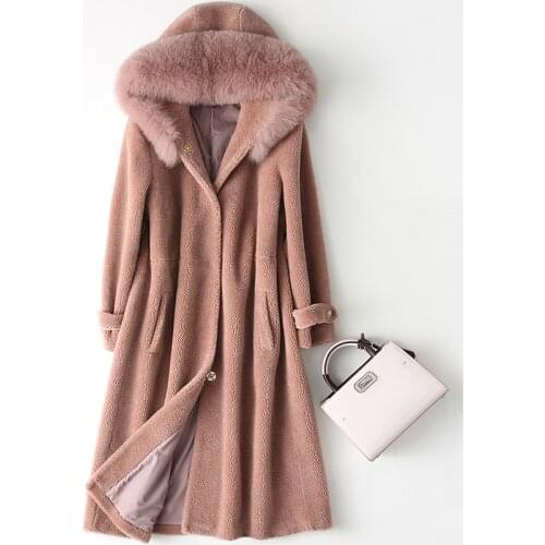 Tide Women Real Sheep Shearing Fur Coat Fox Fur Collar Hooded Coats Medium-Long Winter Jacket Plus Size S-5XL