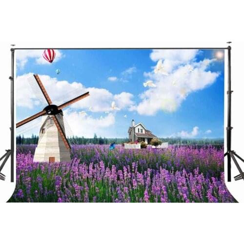 150x220cm Violet Lavender Grass and Blue Sky Backdrops Windmill Nature Landscape Photography Background