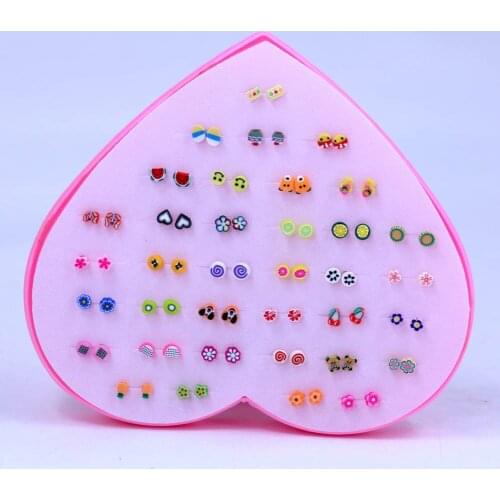 36 pairs/set New Design Mini Handmade Flower Clay Earring Stud Sets Fruit Earring Set For Child With Heart Box
