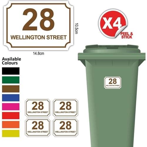 4X Personalised Printed Wheelie Bin Number Stickers with House Number And Street Name Classic Style