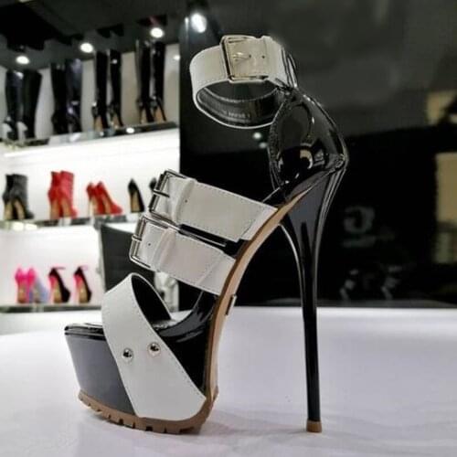 Stylish Stiletto Heels High Platform Sandals Patent Leather Patchwork Buckle Strap Dress Shoes Cut-out Summer Party Shoes