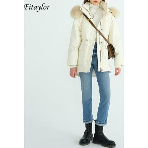Fitaylor New Winter White Duck Down Coat Waist Retractable Thick Warm Parker Snow Outwear Large Real Fur Hooded Down Jacket