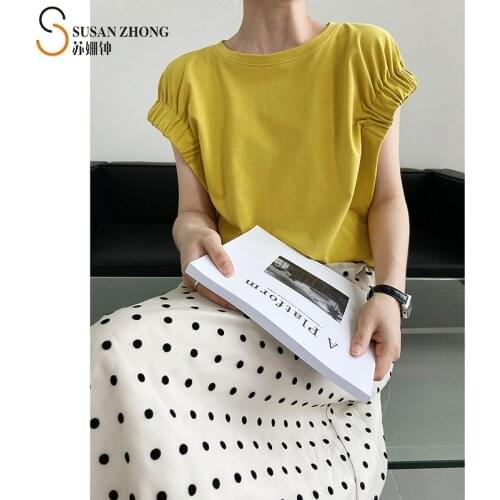 Women Summer T-Shirt Short Sleeve Female Tops White Yellow Shirring Shoulder Round Neck Cotton Stretch Jersey Cozy Korean Style