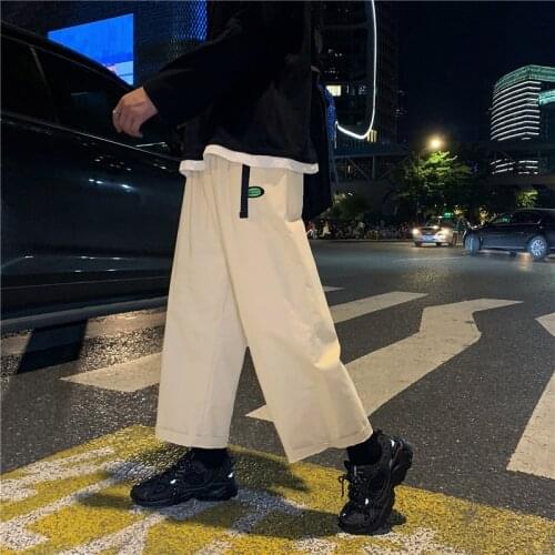 Ins trendy label overalls mens trend casual fashion loose youth ruffian handsome wide leg streetwear pants japanese Khaki 2021