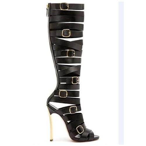 Summer women boots buckle decoration peep toe super high thin heels knee-high cutouts women sexy high heel boots botte boots