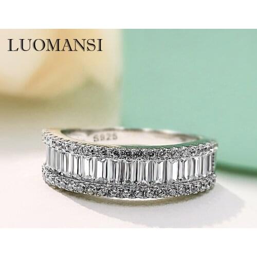 Luomansi S925 Silver Super Flash High Carbon Diamond Womens Ring Wedding Engagement Party Fine Jewelry