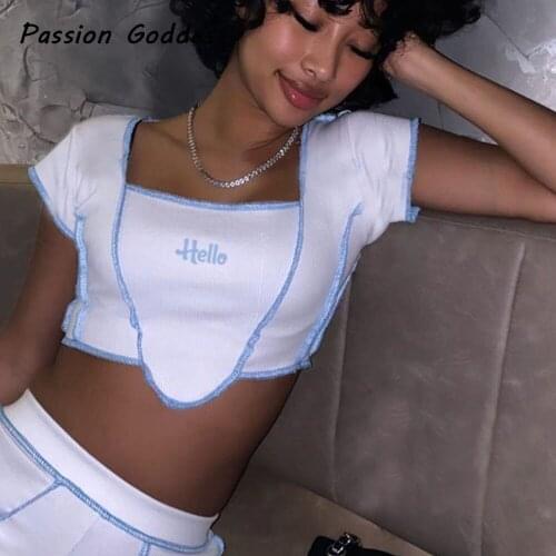 Cute Women 2 Piece Slim Tee Skirt Suit Pink Outfits Embroidery Knitting Crop Tops High Waist Bodycon Skirts Summer Two Piece Set