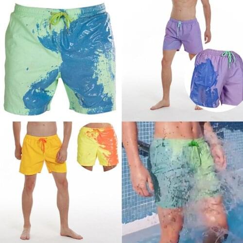 Men Summer Beach Shorts Color Changing Swim Drawstring Sport Pants S-3XL