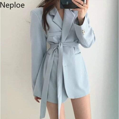 Neploe 2021 Korean Elegant French Suit Collar Jacket Two Buckle Lace Up Waist Slim Thin Double Pockets Loose Suit Jacket Female