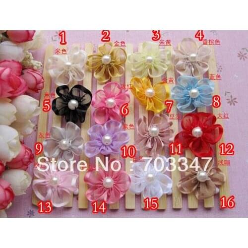 NEW ARRIVAL!! 800 X ribbon flower 3.2cm organza sheer flower w/pearl center ,MIX 16 COLORS