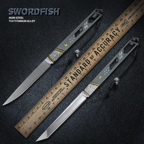 TURENZ M390 Steel Fixed Thin Blade Fishing Knife Titanium Handle Tanto Knife with Kydex Scabbard Outdoor Camping Tool