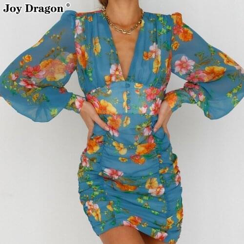 Casual Bodycon Party Floral Female Tunics Sexy Urban Basic Elegant Mini Ladies Corset Simplee Long Sleeve Tight Dress Chiffon