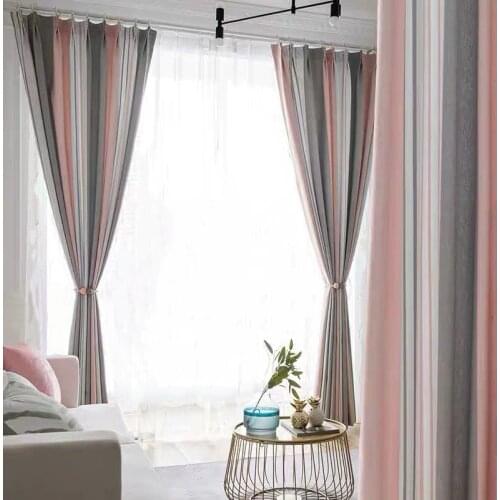 Nordic Pink & Grey Striped Curtain For Bedroom Living room Tulle Curtains Modern Blackout Curtain Finished Window Drapes ZH029#4