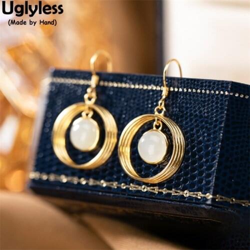 Uglyless Round in Round Natural Hotan Jade Earrings for Women Gold Circles Brincos Real 925 Silver Gemstone Dangle Earrings Gems