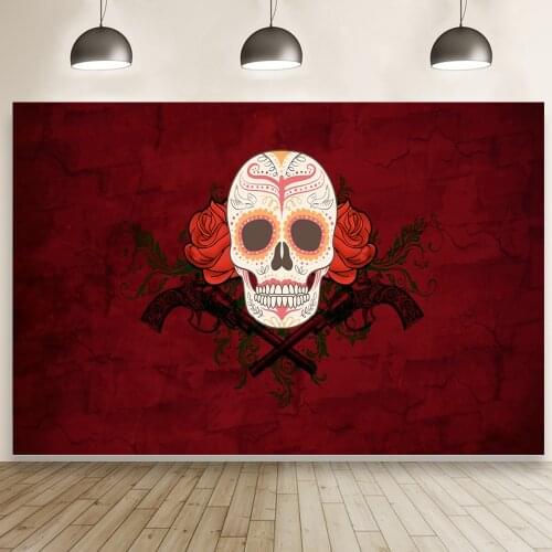 Skull Decoration on Day of The Dead Mexican Festival Party Background with Flowers Photocall Prop Banner Vinyl Photo Wallpaper