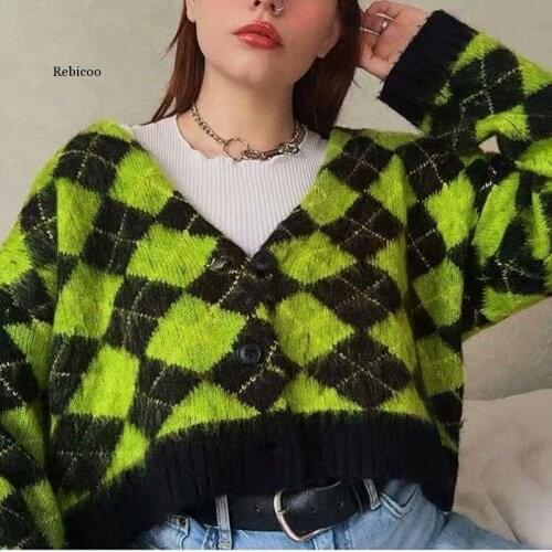Vintage argyle knitted cardigans women sweaters kawaii mohair sweater winter korean sweater clothes new