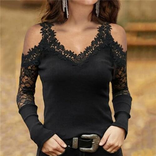Women Off Shoulder Blouse Long Style Commuting Pullover V-neck Lace Bottoming Blouse Solid Casual Blouse Блузка Женская
