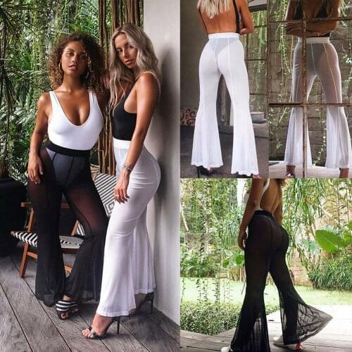 Women Solid Mesh Clear See through Pants Bathing Suit Swimwear Chic New Bikini Cover Ups Ruffles Long Flare Pants Beachwear