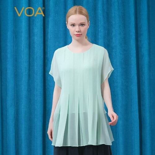 VOA Silk Georgette Green Woman Tshirts BE632 Round Neck Lotus Leaf Sleeve Pleated Double Thin Elegant Summer T-shirt Women Tops