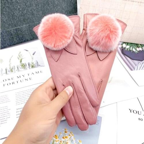 Womens winter warm sheepskin gloves thickened coral fleece cold-proof windproof cute rabbit fur outdoor skiing thermal gloves