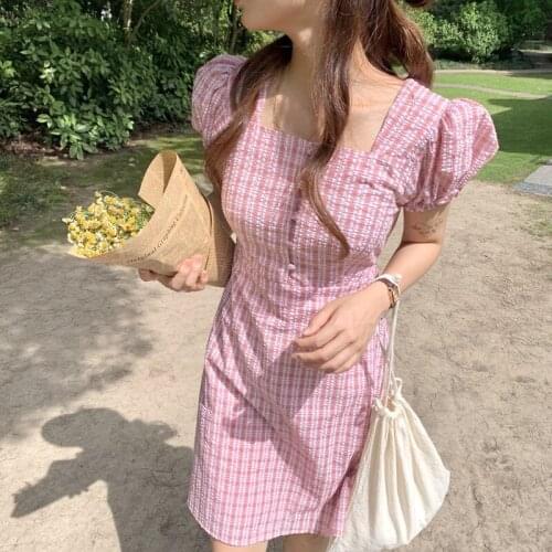 Pink Plaid Summer Mini Dress Women Square Collar Puff Sleeve Party Dress Korean Sweet Girls Buttons Kawaii Elegant A-Line