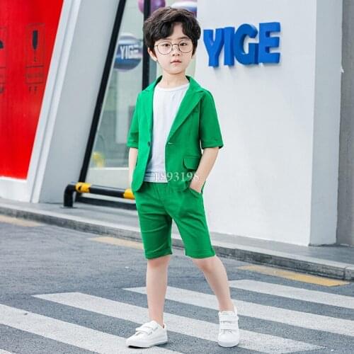 2021 Summer New Childrens Casual Suit Set Baby Boys Solid Color Short Sleeve Blazer Shorts Outfits Korean Kids Party Costume