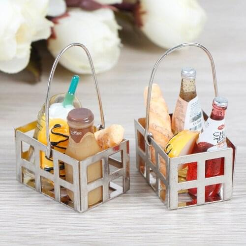 1:12 Dinning Fruit Metal Coffee Wine Bread Milk Basket Dollhouse Miniature Food Toy Food Doll House Miniature Accessories 5pcs