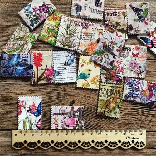 500pcs Wood Square Buttons 2 Holes Stamp Series Florals Butterfly Button Cardmaking Embellishments 40*28mm