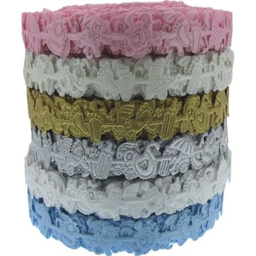 6 Roll 120yards 5/8" Terylene Satin Ribbon Bottle Pacifier Bear Foot Bibs Carriage Ribbon for Baby Shower party Decoration
