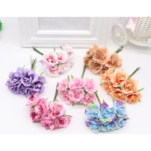 6pcs 3cm silk Rose Artificial Stamen flower Bouquet For Scrapbook Wedding Decorative Wreath DIY craft flowers