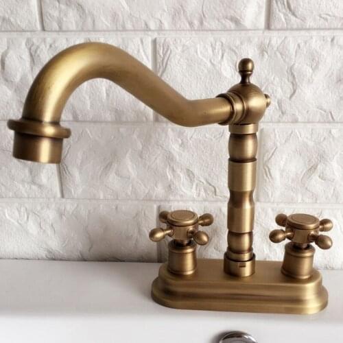 Antique Brass 4" Centerset Kitchen Bathroom Vessel Sink Two Holes Basin Swivel Faucet Dual Cross Handles Water Tap aan066