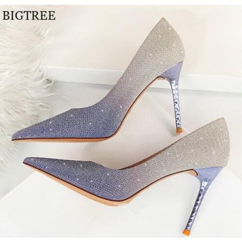 BIGTREE Copper Heels Women Shoes New Sexy Party Sequins Stiletto Pumps Pointed 9.5CM thin Dress Mixed Colors Ladies Wedding shoe