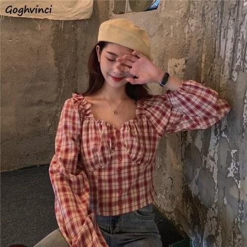 Women Plaid Blouses Ruffles Folds Buttons Square Collar Long Sleeve Short-style Girls Sweet Vintage Blouse Slim Tops Female Chic