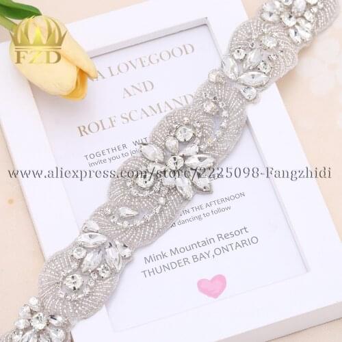 FZD 5 PCS Handmade Bling Iron Sew On Beaded Sliver Crystal Bridal Appliques beaded applique for sash belt with rhinestones