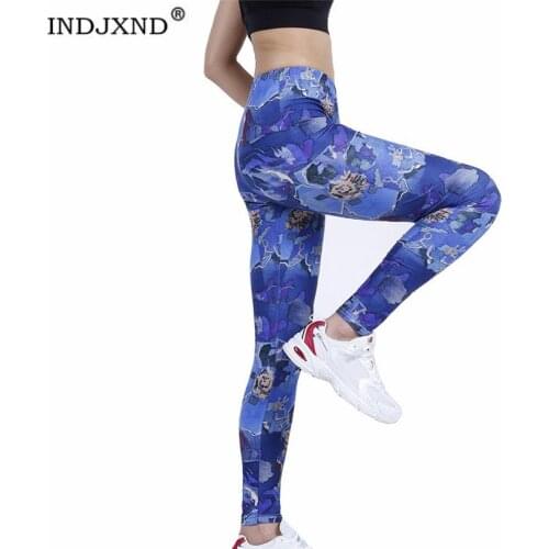 INDJXND Hot Selling Ink Dream Blue Flower Leggings Slim Fitness Gym Fashion Ankle-Length Knitted Push Up Running Elastic Waist
