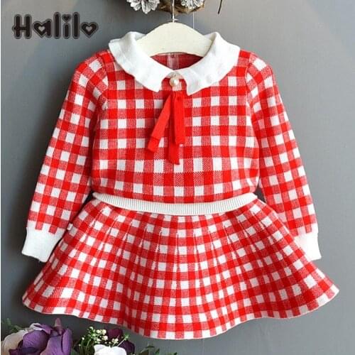 Halilo Girls Fall Outfits Plaid Knitted Sweater + Skirt 2 Piece Christmas Kids Clothes Children Suits Toddler Outfits