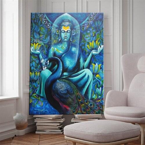 Canvas Painting Blue Buddha Peahen Poster HD Printed Canvas Wall Art Posters and Prints Poster Painting Artwork Room Decoration