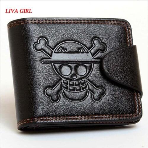 Men Boys One Piece Luffy Wallet Monkey D Luffy Straw Hat Pirates Anime Skull Wallet Purse Black PU Leather