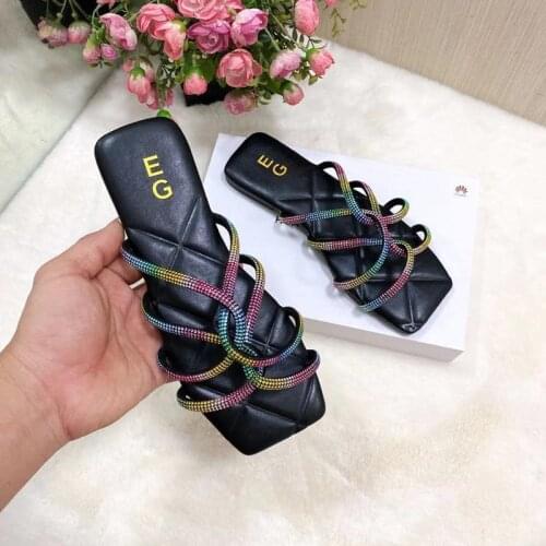 Colorful Rhinestone Beach Slippers Open Toe Fashion Flat Sandals Outdoor Casual Womens Shoes Plus Size