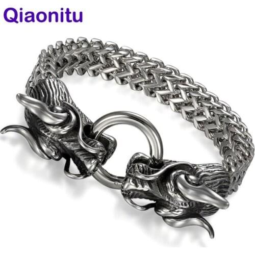 Punk Rock Retro Men Stainless Steel Double Dragon Bracelet Gold Titaniuml Biker Bangle Jewelry Friendship Pulseira Masculina