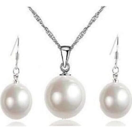 New hot 14mm white Sea shell Pearl Wedding Pendants Necklace & 10mm Earrings Set AAA
