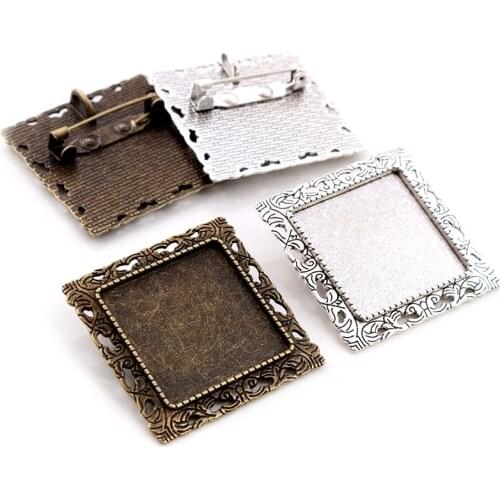 New Fashion 5pcs 25mm Inner Size Antique Silver Plated Bronze Brooch Square Cabochon Base Setting