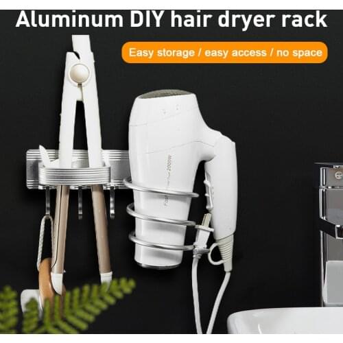 Aluminum DIY Hair Dryer Rack Wall Mounted Hairdryer Straightener Holder Set Bathroom Shelf For Washroom Supplies Bathroom