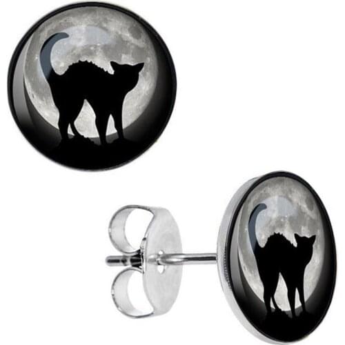 Wholesale Stud Earrings Halloween Black Cat Under Moon Stainless Steel Ear Studs Fashion Jewelry Unisex Earring 8mm 10mm AW5152