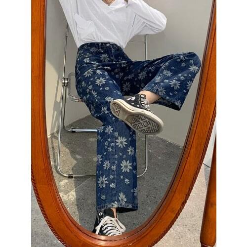 Printed Straight Tube Loose Jeans Womens Autumn New High Waisted Fashionable Nine Point Jeans