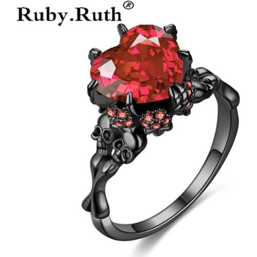 Vintage Heart Red Zircon Stone Skull Rings Fashion Black Jewelry Women Mens Punk CZ Skeleton Ring For Party Dropshipping