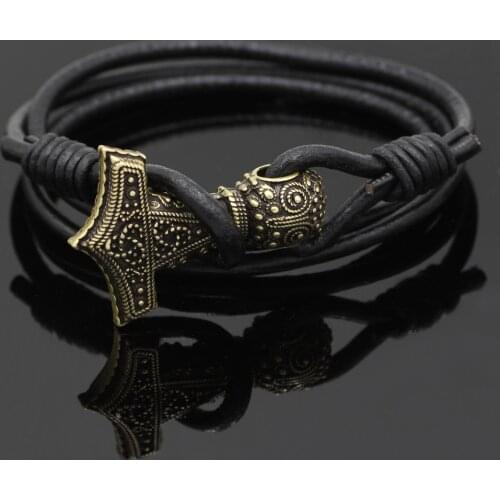 Youe shone Real Leather Brozen Mjolnir Thor hammer Viking Amulet Hammer Scandinavian Norse Bracelet Jewelry